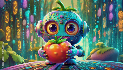 oil painting style CARTOON CHARACTER big electronic brain robot hold a tomato isolated on binary cod background