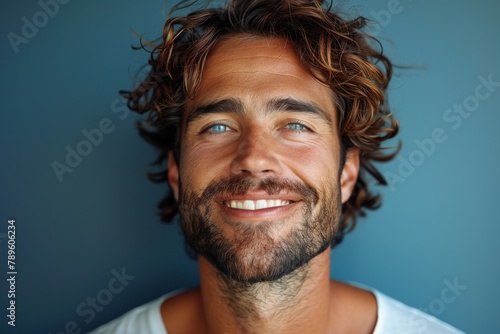 Close up of a man with striking blue eyes and beard smiling softly against a blue backdrop photo