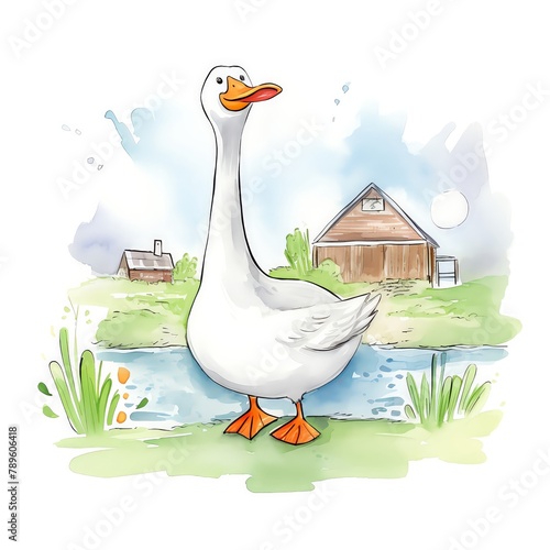 Farm Goose, Farm goose waddling around a rustic barnyard setting
