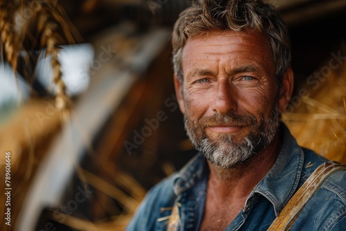 A close-up portrait of a mature, handsome farmer with striking blue eyes inside a barn photo