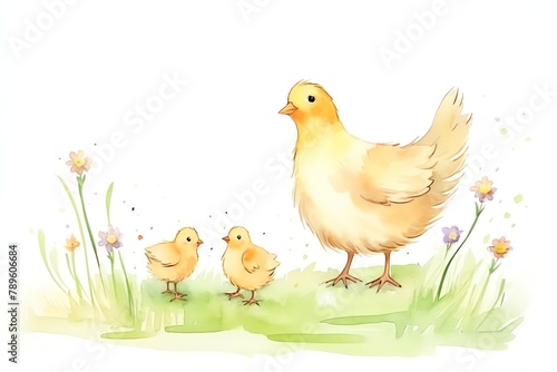 Hen with Chicks, Mother hen with fluffy chicks in a sunny, grassy field photo