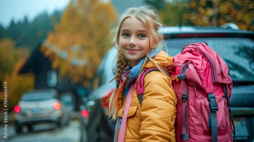 Young Girl Heading to School with Backpack. Generative ai Young Girl Heading to School with Backpack. Generative ai