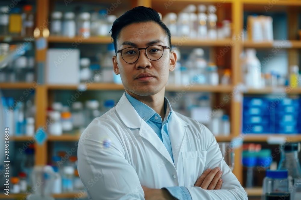 Portrait of serious confident scientist laboratory assistant, Asian man with crossed arms thoughtfully looking at camera, man working inside modern laboratory researching and testing, Generative AI
