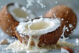 Close up of a halved coconut with milk splashing around, capturing the fresh and natural essence of the fruit