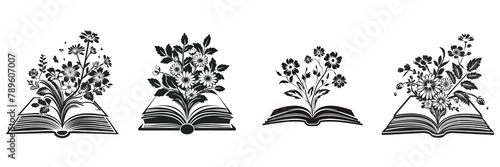  Set of a black and white logo of an open book with flower   on a ,transparent background © Wajed