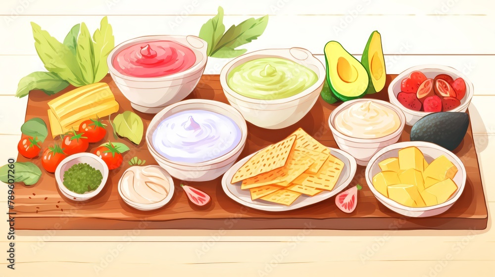 Snack Time, Casual snack time setup with assorted finger foods and dips on a rustic wooden board Snack Time, Casual snack time setup with assorted finger foods and dips on a rustic wooden board