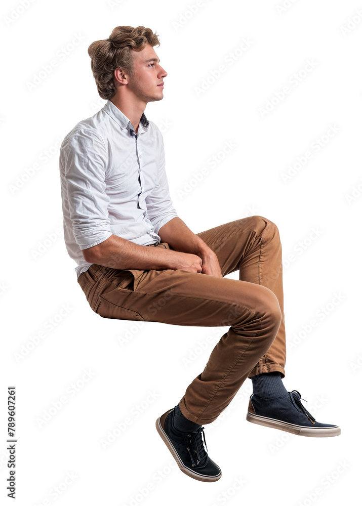 Obraz premium An Isolated sitting handsome young man wearing a white shirt and a salmon red chino trousers, cutout on transparent background, ready for architectural visualisation. 