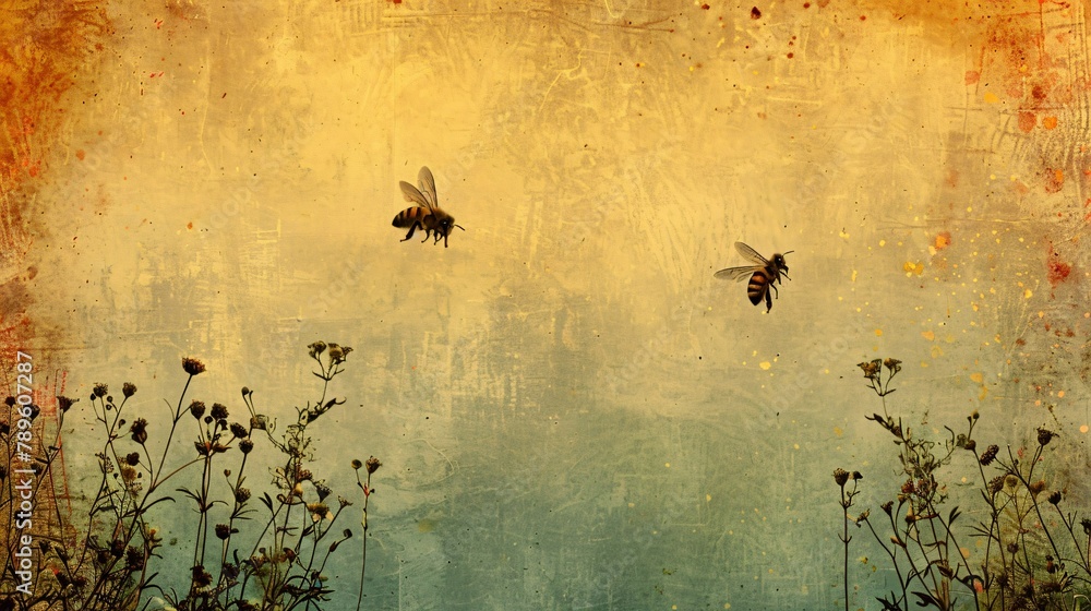 Nostalgic wallpaper scene with wild thyme and bees in a rustic setting Nostalgic wallpaper scene with wild thyme and bees in a rustic setting