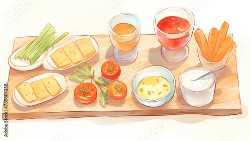 Snack Time, Casual snack time setup with assorted finger foods and dips on a rustic wooden board