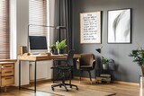 : Modern home office, sleek furniture, framed inspirational quote mockup