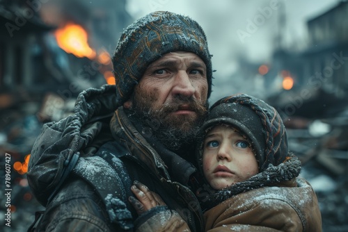A bearded father in protective clothing holds his wary child in a bleak, dystopian scene with fire and destruction