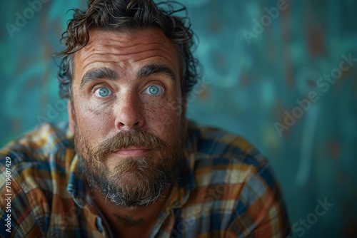 Up-close portrait of a rugged man with curly hair and a piercing gaze against a vibrant patterned background