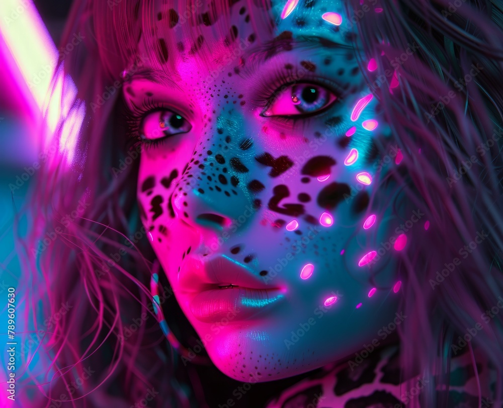 girl in panther clothes neon light.