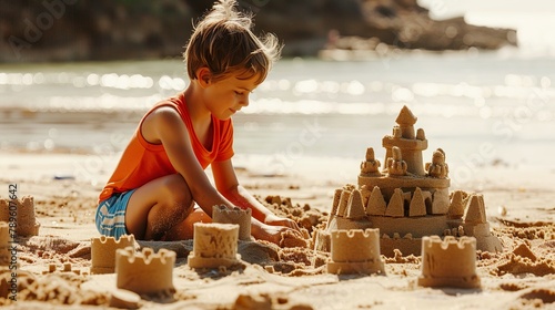 A child building intricate sandcastles on a sunny beach made with Ai generative technology, person is fictional photo