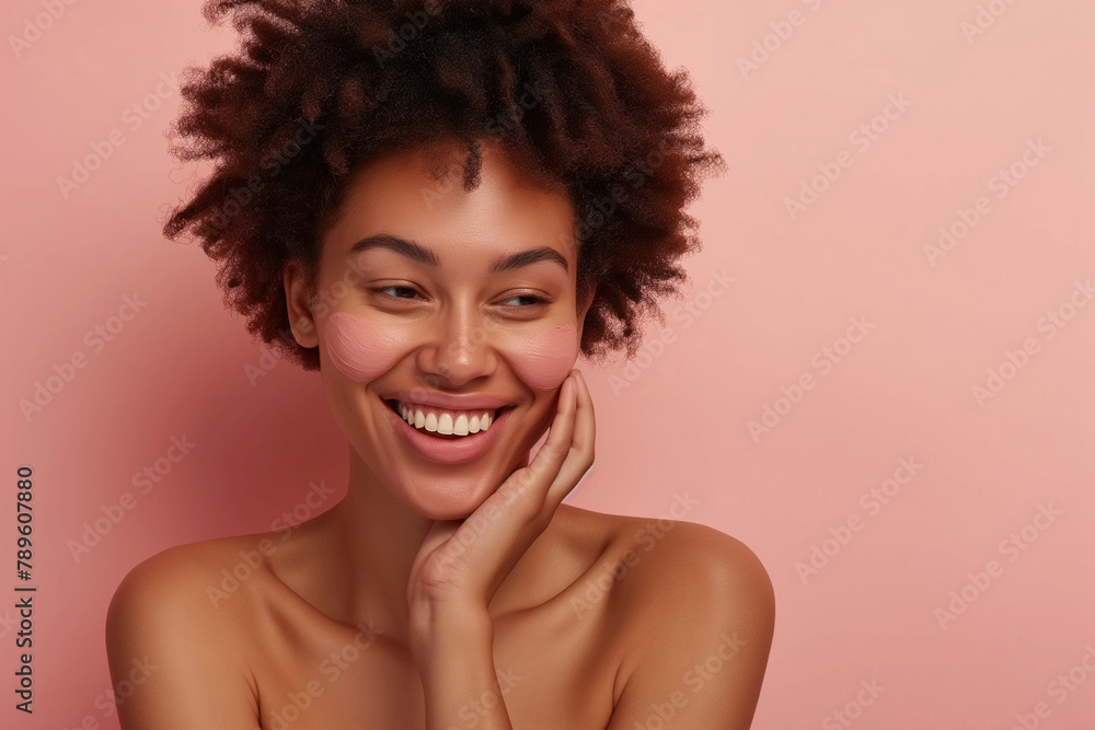 Against a neutral background, a 40-year-old woman removes makeup with finesse, displaying her glowing skin and joyful smile in a scene reminiscent of a cosmetics ad. Against a neutral background, a 40-year-old woman removes makeup with finesse, displaying her glowing skin and joyful smile in a scene reminiscent of a cosmetics ad.
