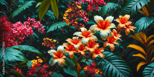 Lush tropical garden featuring colorful hibiscus flowers amidst rich green foliage