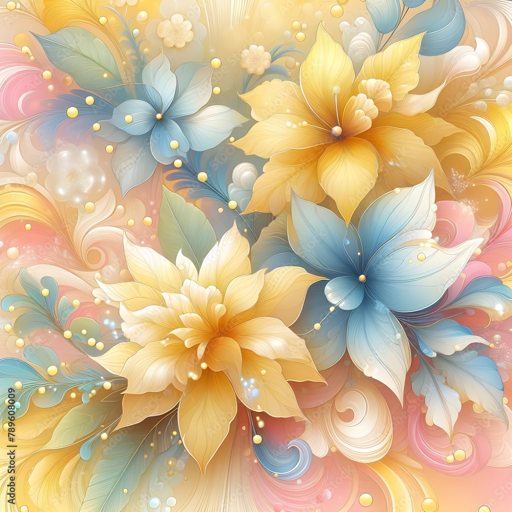 Whimsical Floral Array in Pastel Yellow and Blue
