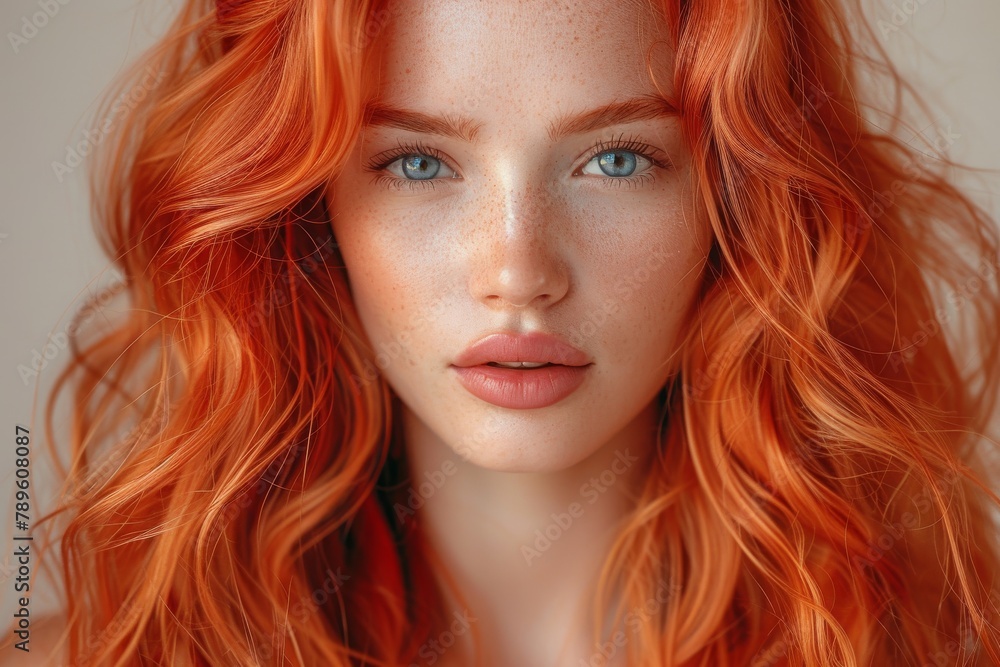 Striking red-haired young woman with freckles and an intense gaze looking directly at the camera Striking red-haired young woman with freckles and an intense gaze looking directly at the camera