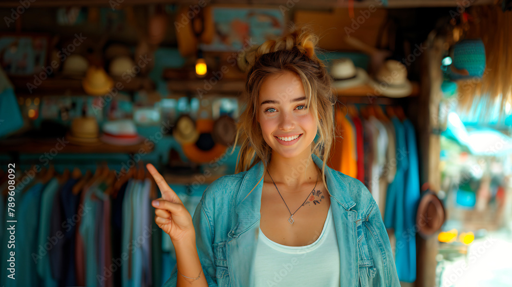 20s white woman, store owner, pointing with his finger to offers and discounts in a clothing store 20s white woman, store owner, pointing with his finger to offers and discounts in a clothing store