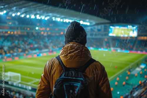 An outdoor nighttime scene of a spectator observing a football match from the stands, amidst falling snowflakes