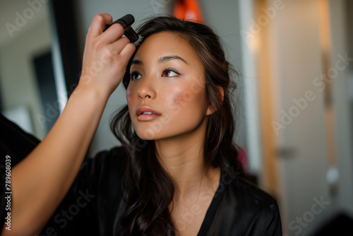 Taking a moment, she sets her makeup with a refreshing setting spray, the final touch of her artistry.