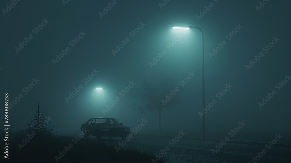 A 3D render of a lone car illuminated by the soft glow of a streetlamp on a misty evening. The scene is enveloped in a hazy ambiance, with the car's headlights gently piercing through the fog. A 3D render of a lone car illuminated by the soft glow of a streetlamp on a misty evening. The scene is enveloped in a hazy ambiance, with the car's headlights gently piercing through the fog.
