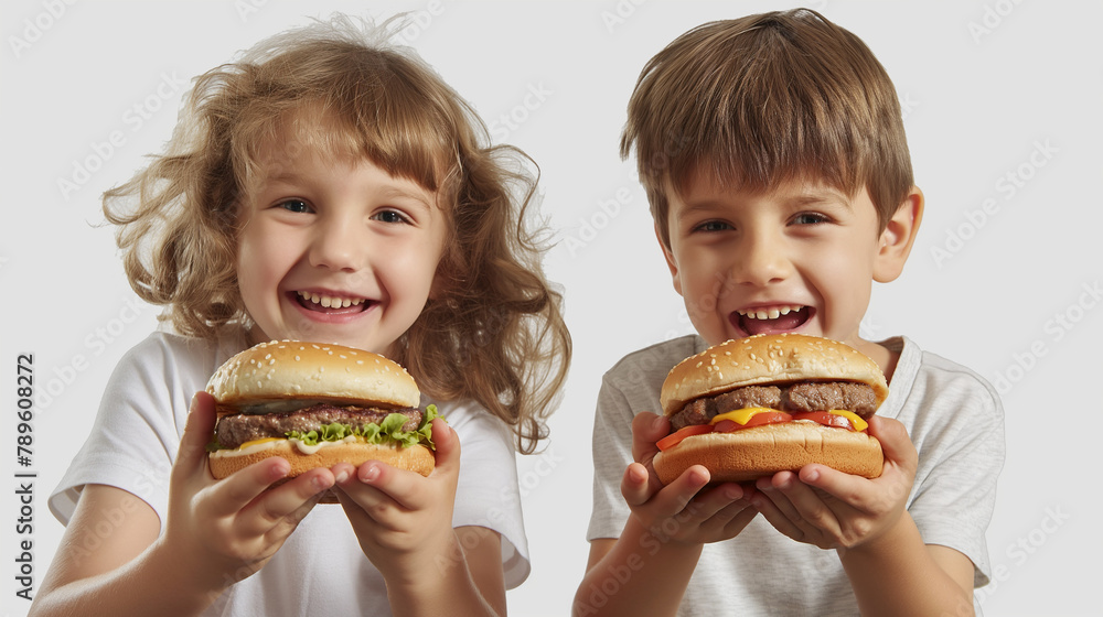 A cheerful young girl and boy, both with tousled hair, holding a delicious cheeseburger each, their eyes sparkling with joy. A cheerful young girl and boy, both with tousled hair, holding a delicious cheeseburger each, their eyes sparkling with joy.
