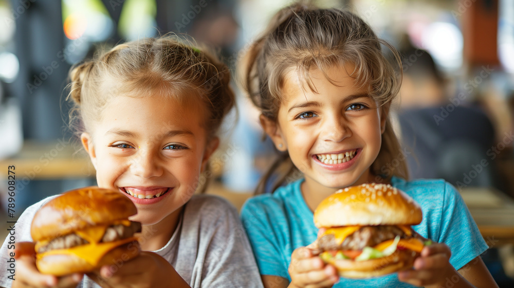 A cheerful young girl and boy, both with tousled hair, holding a delicious cheeseburger each, their eyes sparkling with joy. A cheerful young girl and boy, both with tousled hair, holding a delicious cheeseburger each, their eyes sparkling with joy.
