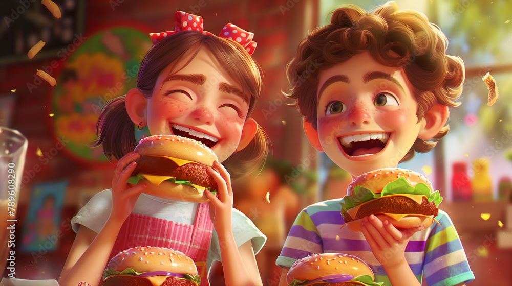A joyful young duo, a girl in a colorful dress and a boy in a striped shirt, enjoying a moment of happiness over their yummy cheeseburgers.
