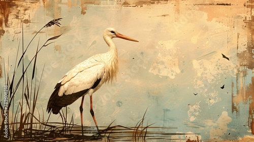 Old fashioned drawing of a calm stork standing in a shallow reedy marsh photo
