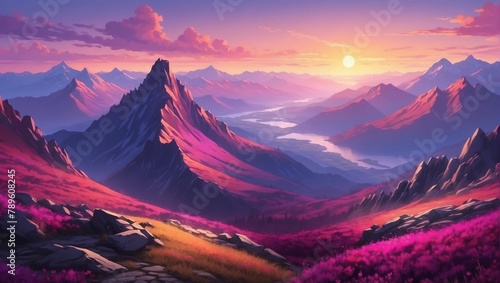 Illustration of mountain top view with sunrise light, featuring rich purple and magenta colors.