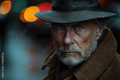 Intensely focused older man with blue eyes wearing a hat and scarf in rain