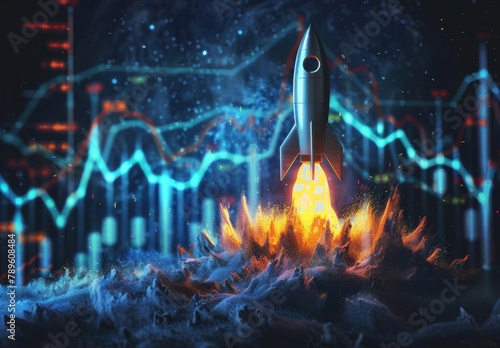 Rocket launching amidst a dark cyberspace backdrop symbolizes the upward trajectory of a successful business startup, reflecting financial growth and achievement in the realm of technology and innovat