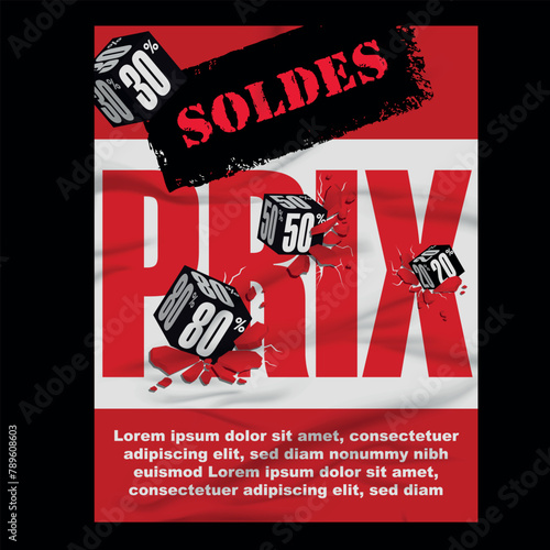 Affiche avec un effet réaliste et un relief 3D pour annoncer les soldes avec ses prix cassés - texte français - traduction soldes, prix.