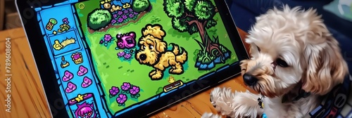 A curious dog, its head cocked to one side, stares intently at a tablet screen, its paws occasionally tapping the glass as it tries to solve a puzzle game photo