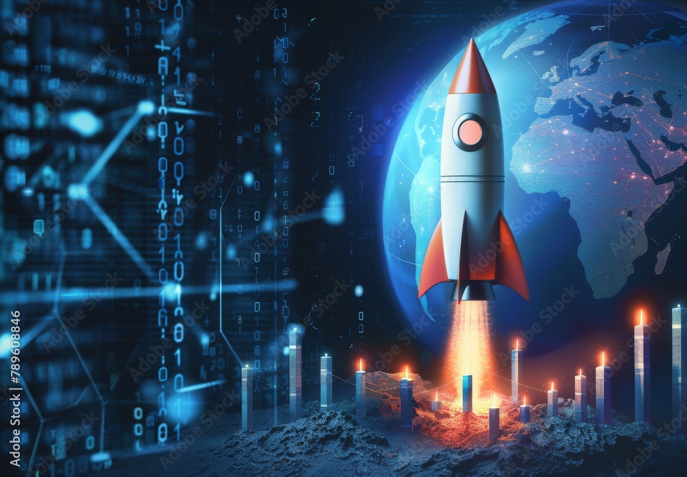 Obraz premium Rocket launching amidst a dark cyberspace backdrop symbolizes the upward trajectory of a successful business startup, reflecting financial growth and achievement in the realm of technology and innovat
