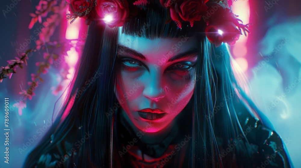 girl in neon light at night. girl in neon light at night.