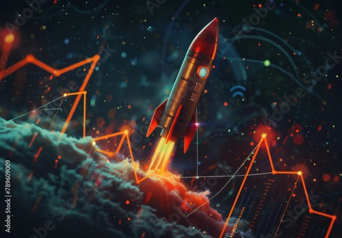 Rocket launching amidst a dark cyberspace backdrop symbolizes the upward trajectory of a successful business startup  reflecting financial growth and achievement in the realm of technology and innovat