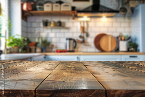 Wooden Tabletop with Blurred Kitchen Background

