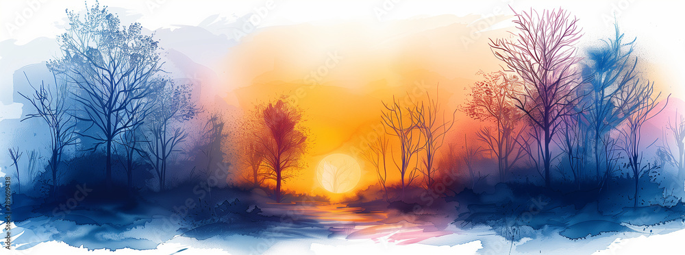 Watercolor Landscape Painting with Sun and Flora
