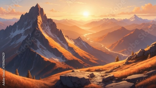 Illustration of mountain top view with sunrise light, featuring warm golden hues.