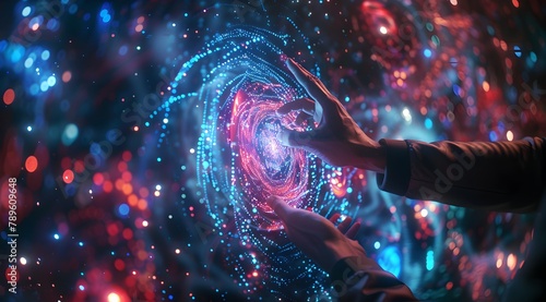 A person touching the vortex of data, surrounded colorful lights and dark background, futuristic style, digital technology concept High detail, ultra realistic photo in the style of Canon EOS + symbol photo