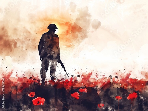 Soldier, red poppy , Anzac day , a silhouette of a soldiers and red poppy flowers in watercolor style photo