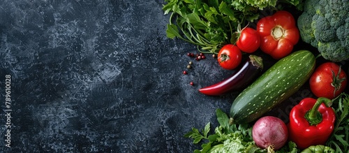 Close-up view of a variety of fresh vegetables with space for text, seen from above.