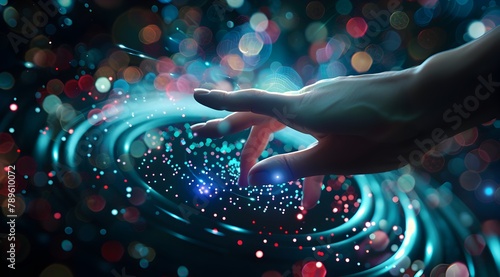 A person touching the vortex of data, surrounded colorful lights and dark background, futuristic style, digital technology concept High detail, ultra realistic photo in the style of Canon EOS + symbol photo