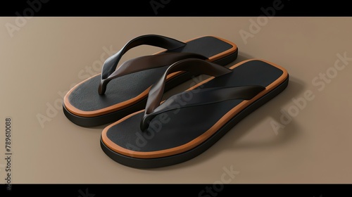 3D rendering of a pair of black and brown flip-flops. The flip-flops are made of rubber and have a textured footbed. photo