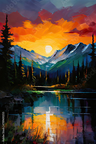 Mountain lake at sunset. Oil painting on canvas.