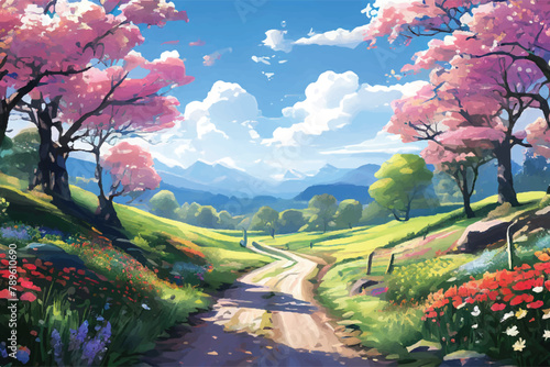 Beautiful spring morning in the park. Blooming spring land sniffing background nature landscape. A road through Beautiful spring park. 
