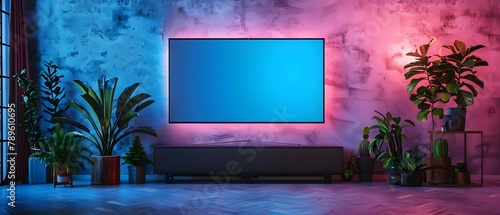 Modern LED TV with Blank Screen in Neon-Lit Room. Concept Home Decor, Neon Lighting, Technology, Interior Design, Innovative Display