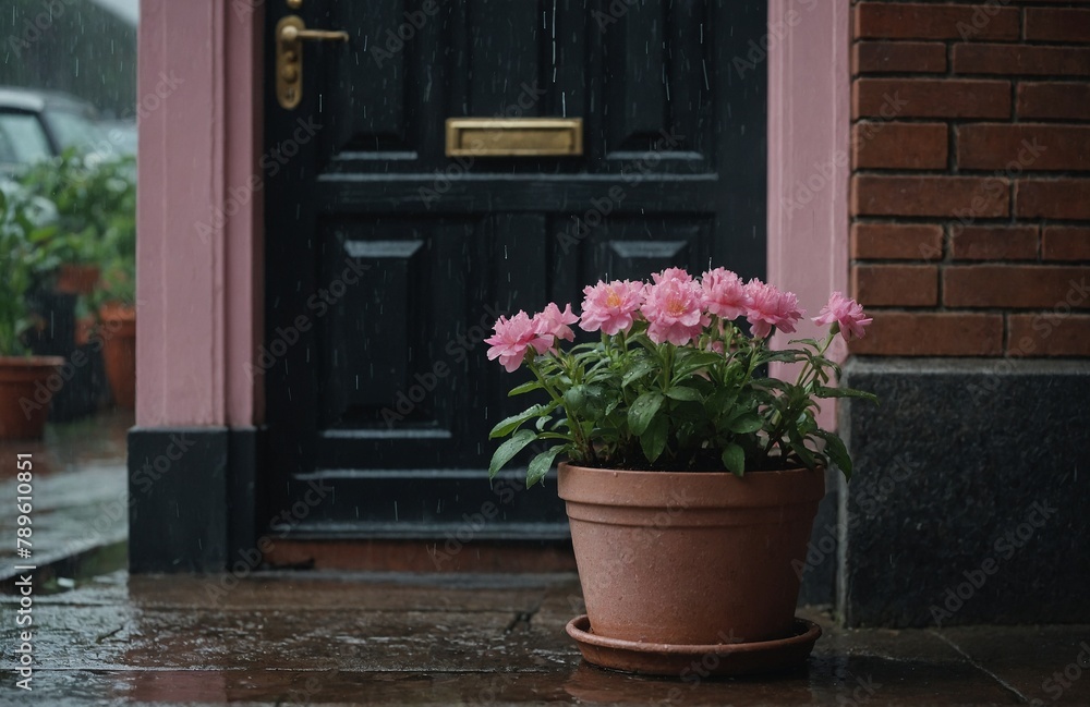 Pink flowers in a pot on a rainy day Pink flowers in a pot on a rainy day
